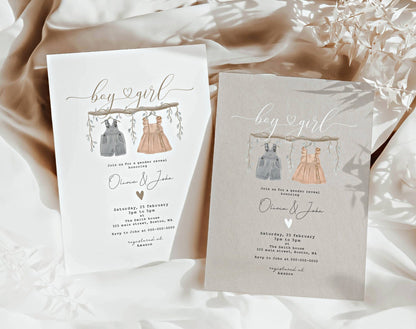 Boho baby clothes gender reveal invitation with white and textured background options