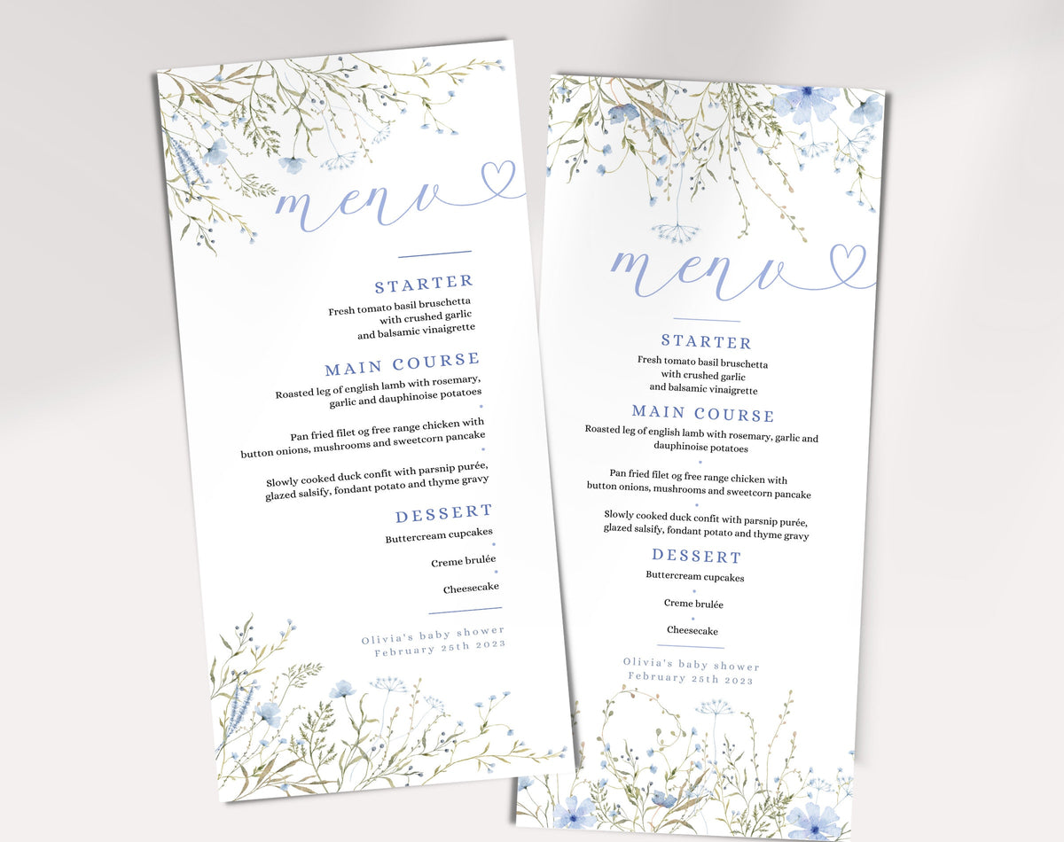 Baby Boy in Bloom Menu | Blue Floral, editable Canva template
