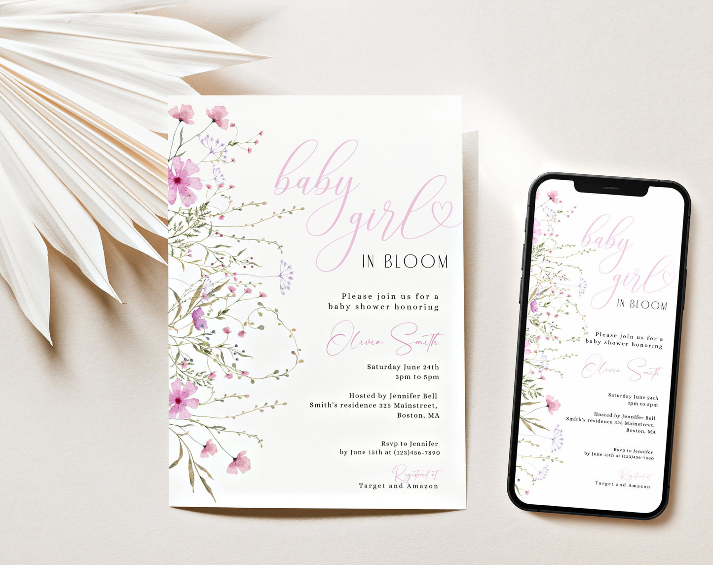 Pink wildflower baby shower invite with soft floral design