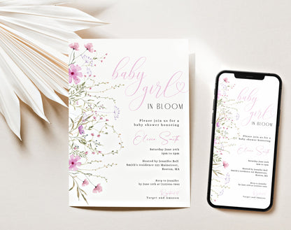 Pink wildflower baby shower invite with soft floral design