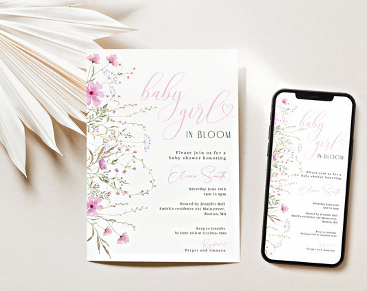 Pink wildflower baby shower invite with soft floral design