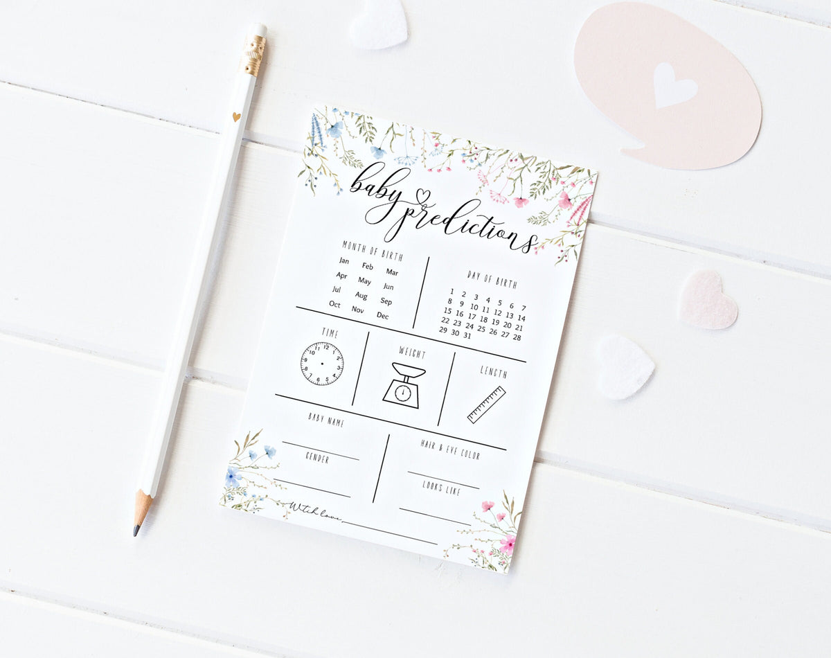 Pink and blue wildflower Baby Predictions gender reveal card