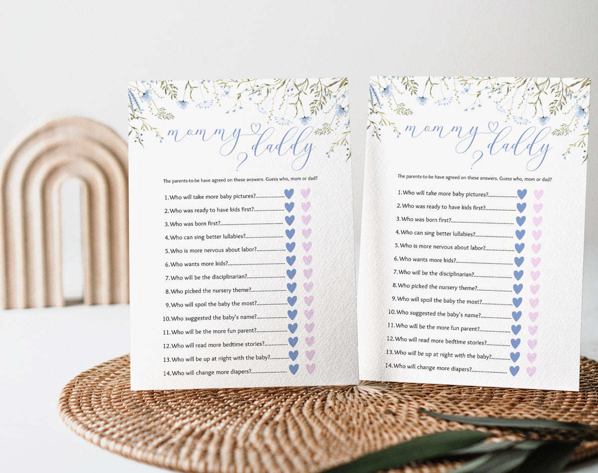 Mom or Dad Game - Pink Wildflower Gender Reveal, printable Canva template