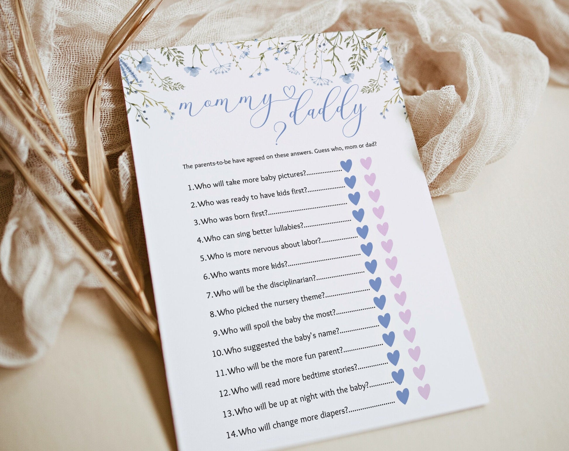Mom or Dad Gender Reveal Game - Pink Wildflower for gender reveal party decor and supplies