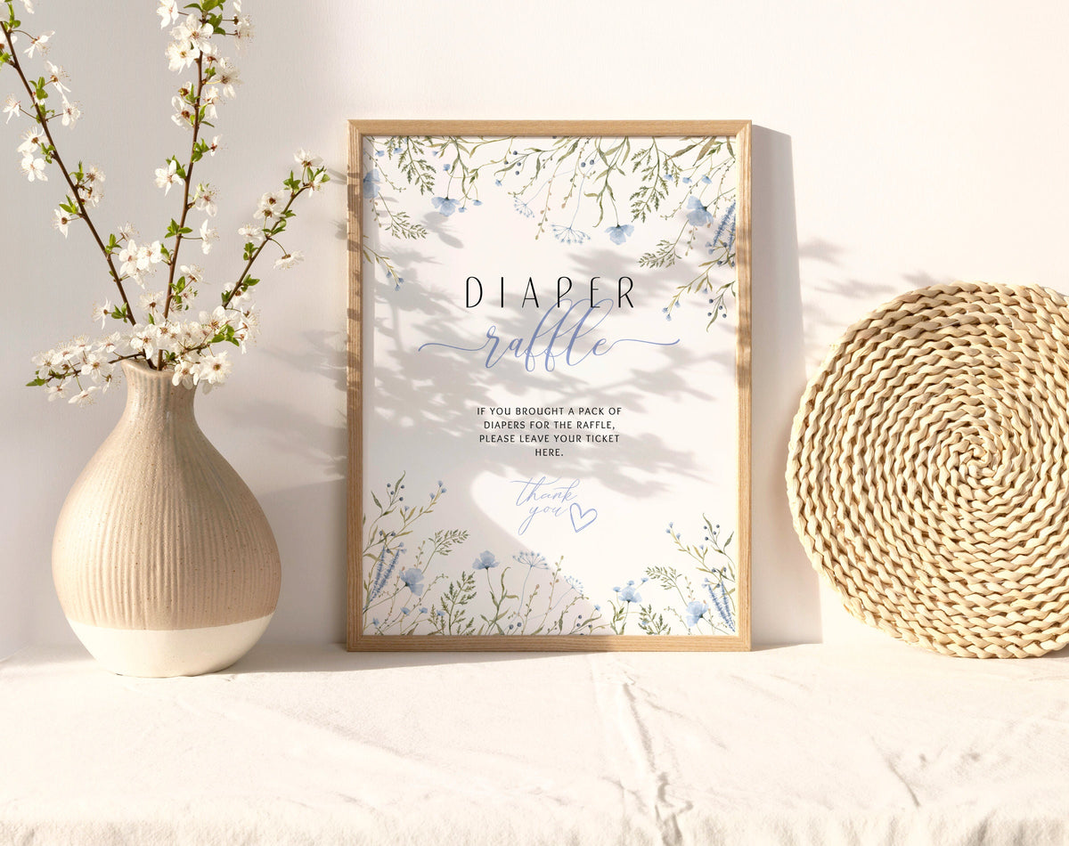 Blue wildflower Baby Boy in Bloom diaper raffle sign