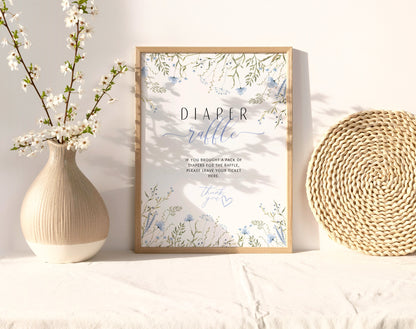 Blue wildflower Baby Boy in Bloom diaper raffle sign