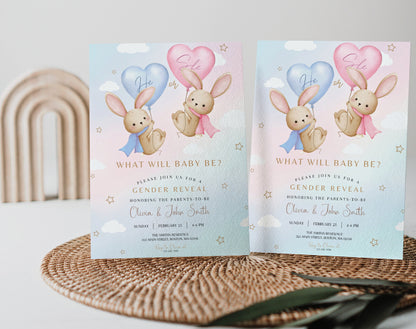 Preview of bunny gender reveal invitation in pink and blue