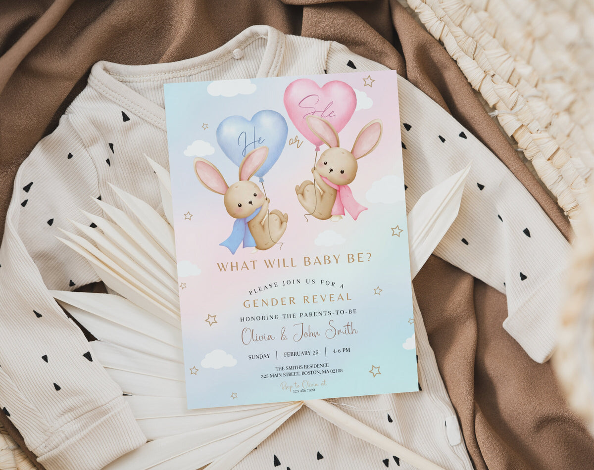 Bunny gender reveal invitation in pink and blue