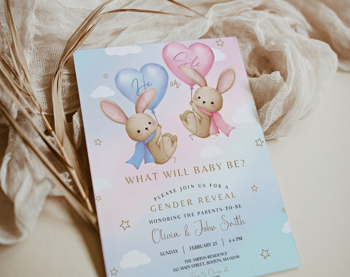 Bunny gender reveal invitation in pink and blue