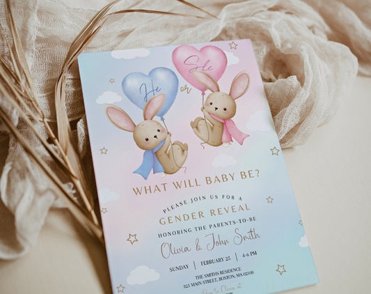 Bunny gender reveal invitation in pink and blue