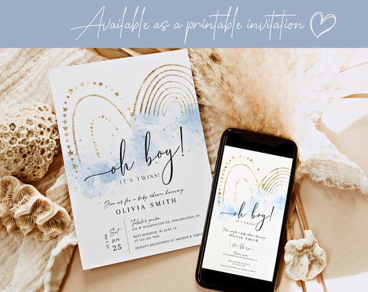 Editable details of twin boys pastel blue rainbow baby shower mobile invitation