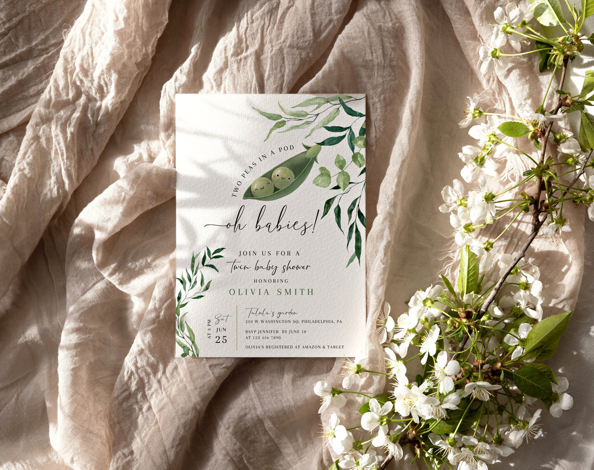 twin, neutral and green baby shower invite for a personalized celebration