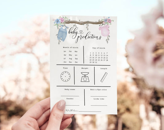 boho, floral, vintage and blue baby predictions card template for a personalized gender reveal