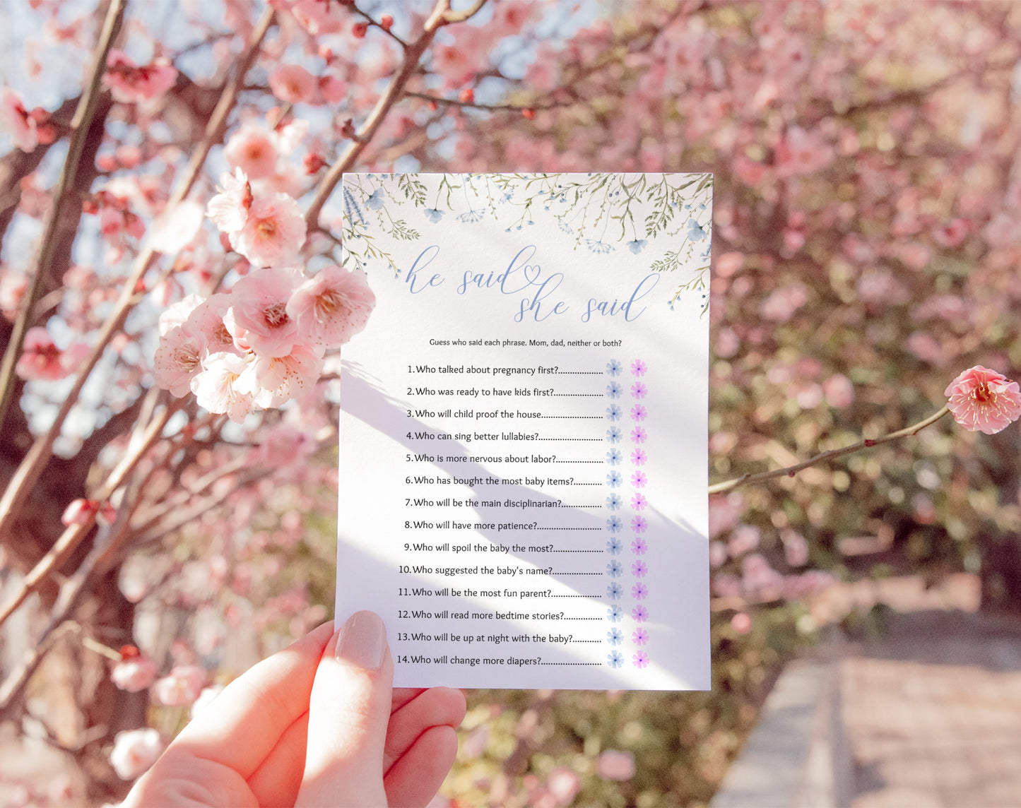 Mom or Dad Game - Pink Wildflower Baby Shower, printable Canva template