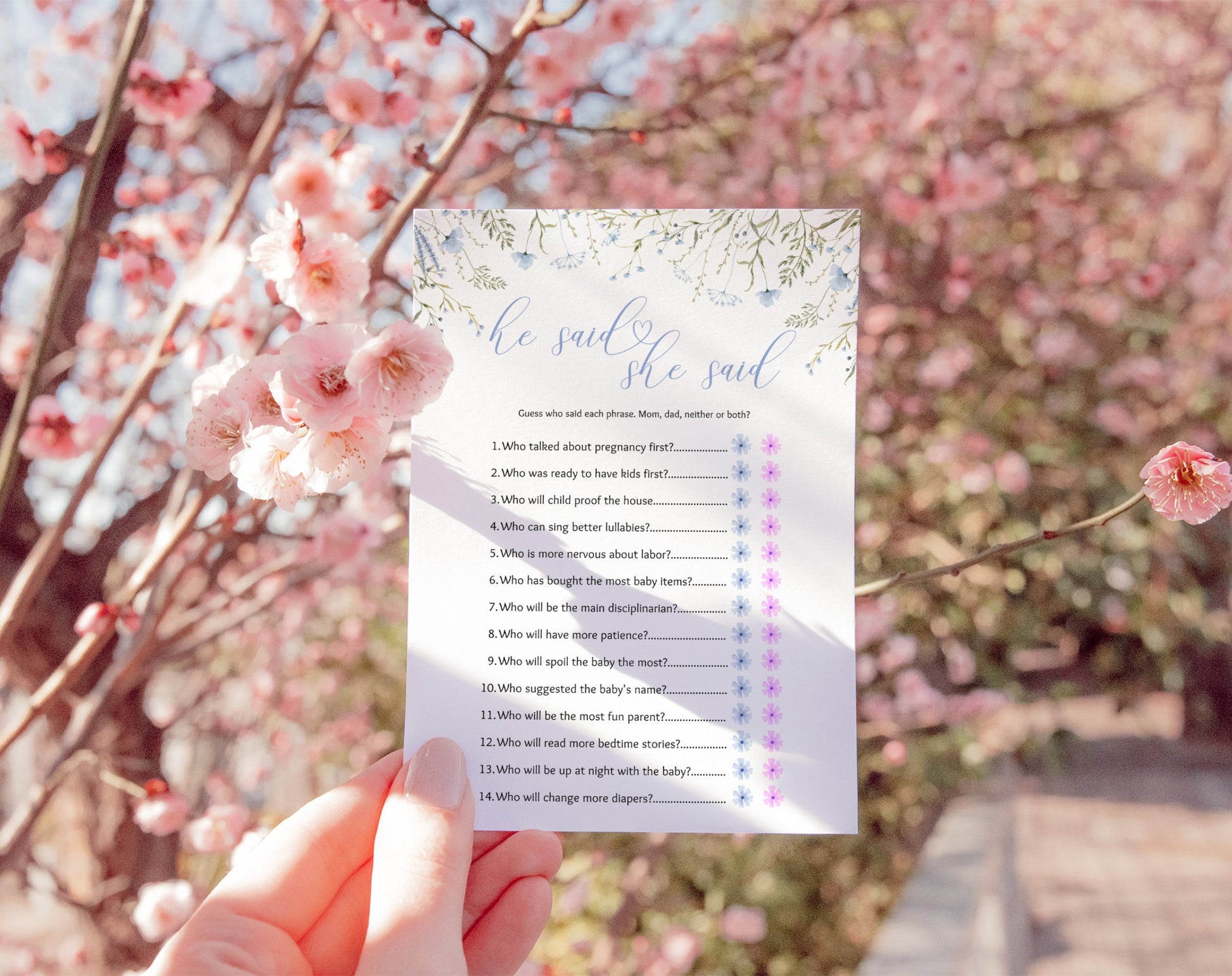 Mom or Dad Game - Pink Wildflower Baby Shower, printable Canva template