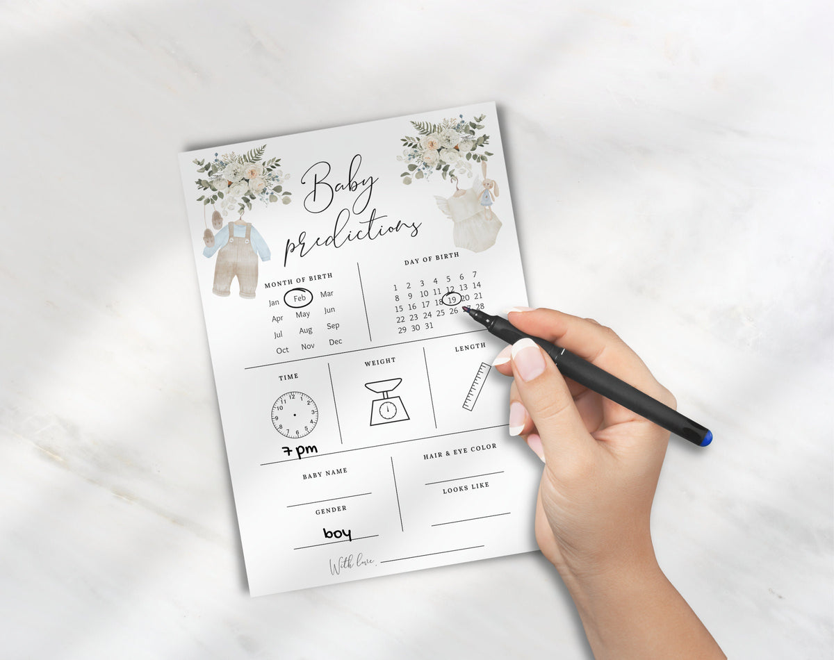 Editable Canva baby predictions card to download and print