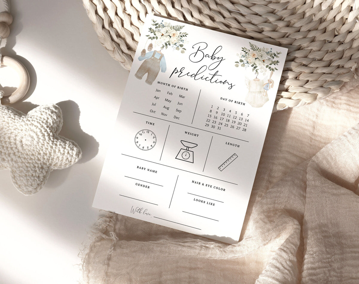 Baby predictions card with blue and cream outfits, greenery and a knitted star