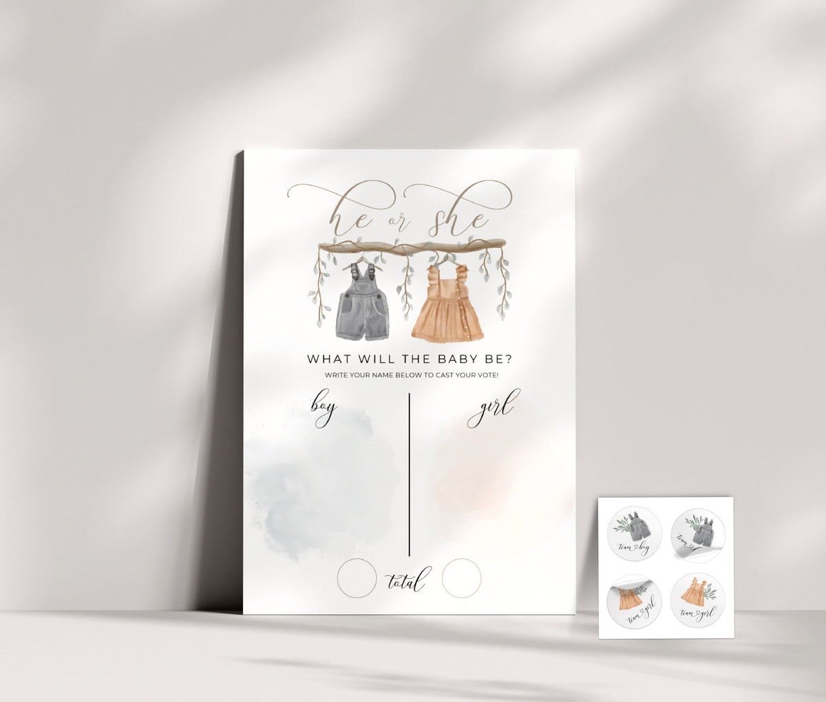Editable details of greenery guess the gender sign and 1.5-inch team sticker set