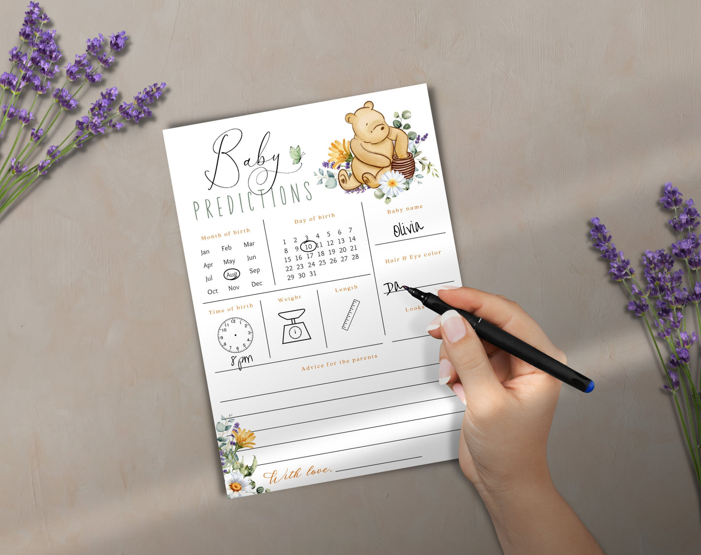 Editable Canva baby predictions card to download and print