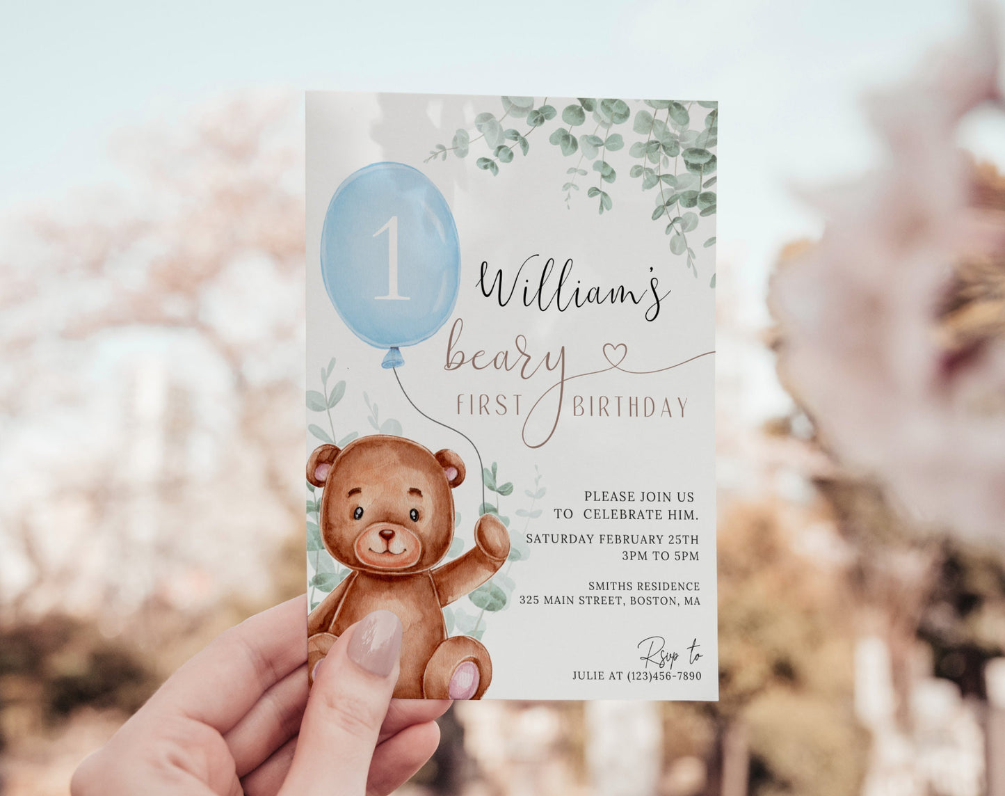 Editable Canva 1st birthday boy invite to print or send digitally