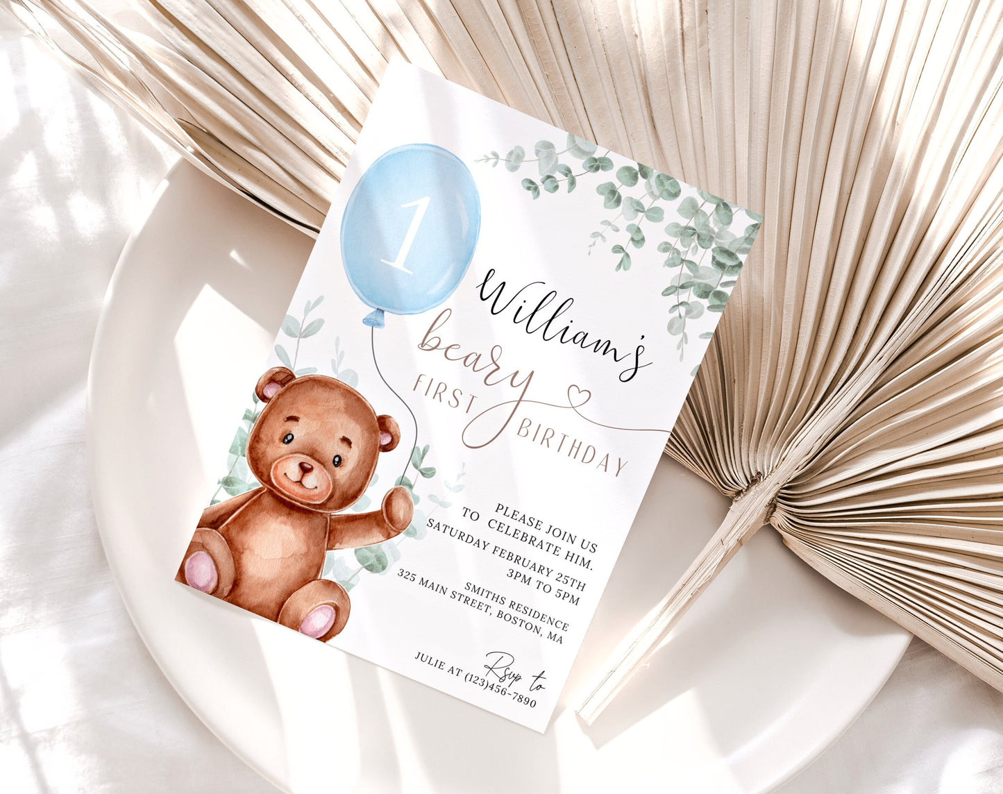 Teddy Bear 1st Birthday Boy Invitation for 1st birthday boy guests and party details