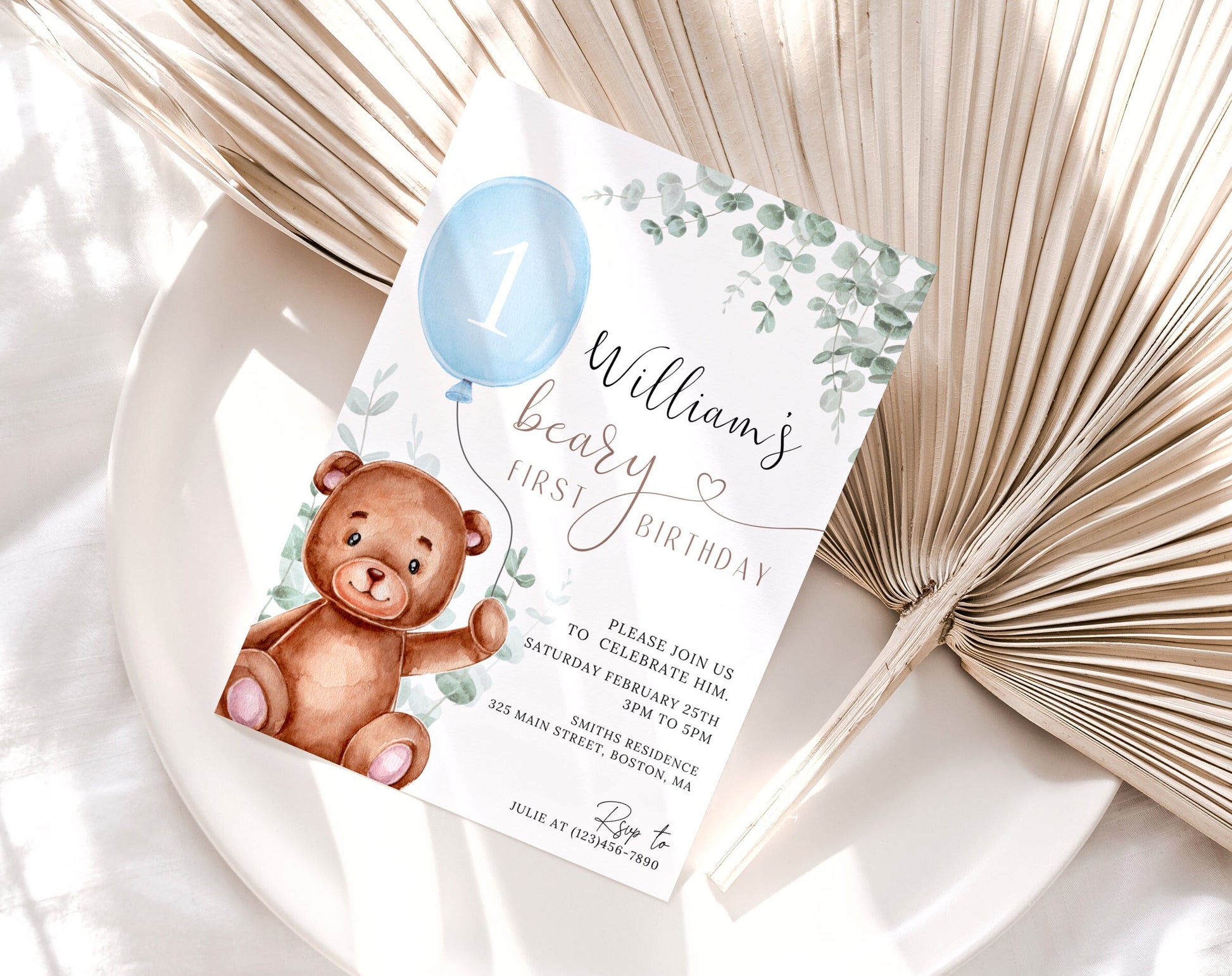 Teddy Bear 1st Birthday Boy Invitation for 1st birthday boy guests and party details