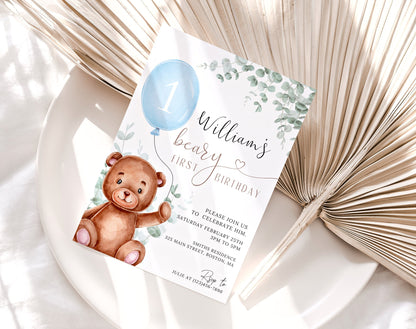 Teddy Bear 1st Birthday Boy Invitation for 1st birthday boy guests and party details
