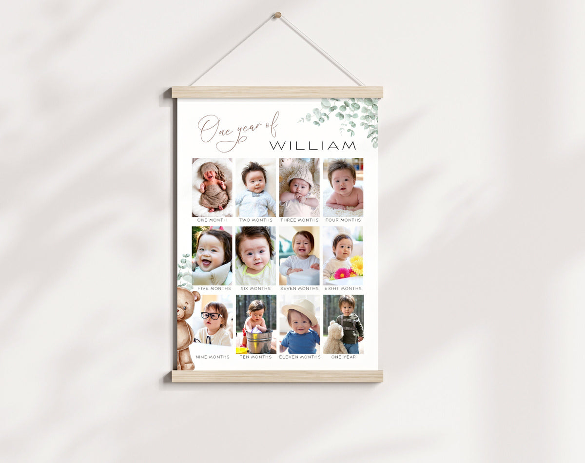 Teddy Bear 1st Birthday Milestone Board, editable Canva template