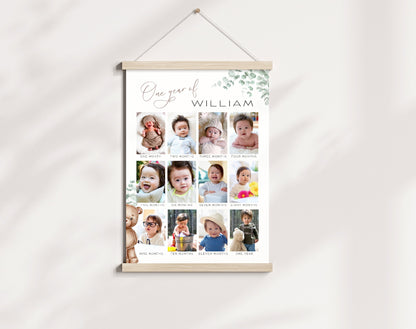 Teddy Bear 1st Birthday Milestone Board, editable Canva template