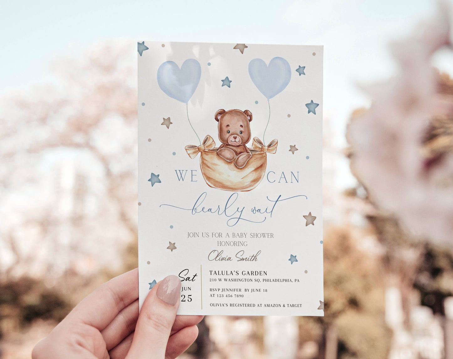 teddy bear, wildflower and floral baby shower invite for a personalized celebration