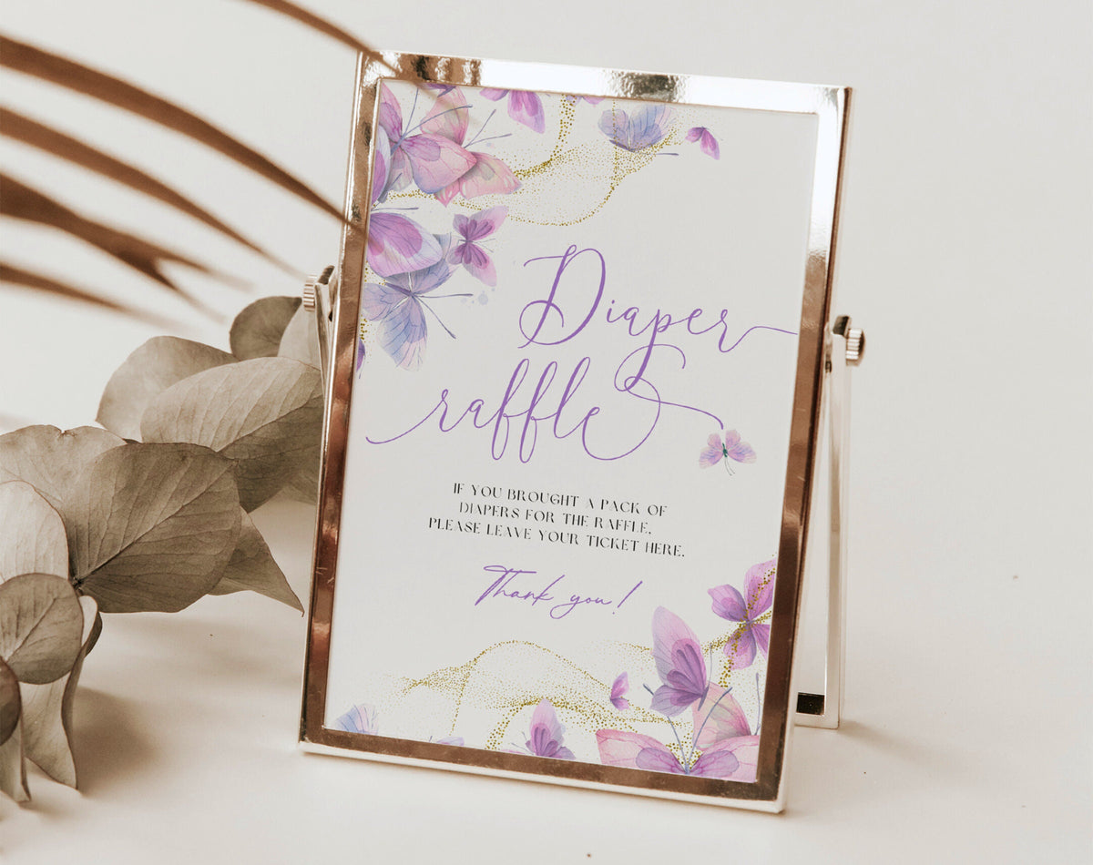 Printable preview of butterfly baby shower girl diaper raffle sign and tickets