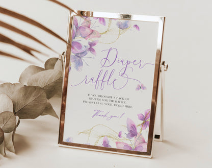 Printable preview of butterfly baby shower girl diaper raffle sign and tickets