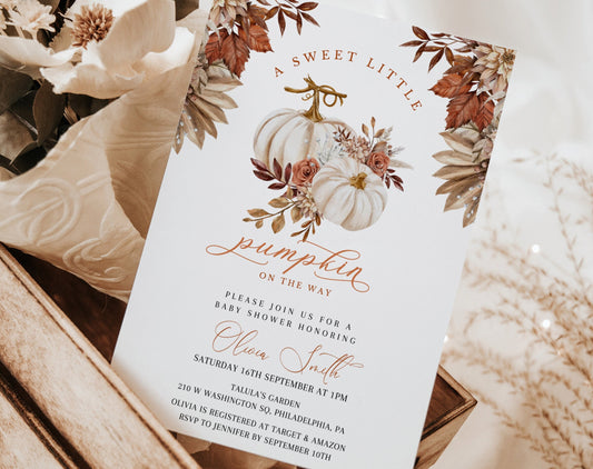Little Pumpkin Baby Shower Invitation for baby shower guests and party details