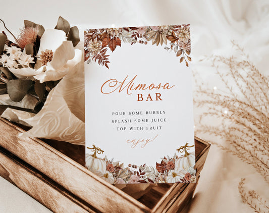 fall, floral and boho mimosa bar sign template for a personalized baby shower