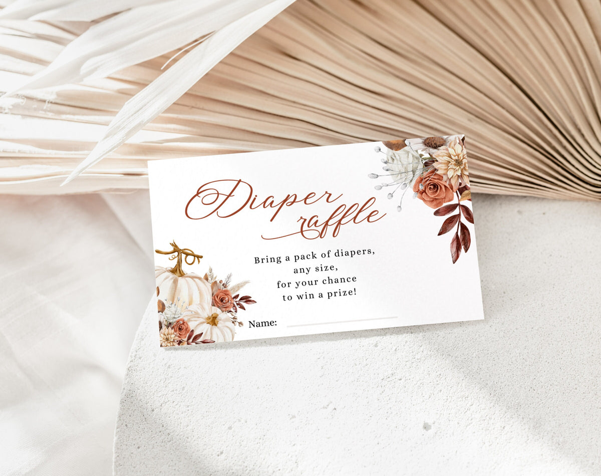 Preview of little pumpkin baby shower invitation with diaper raffle and books for baby cards