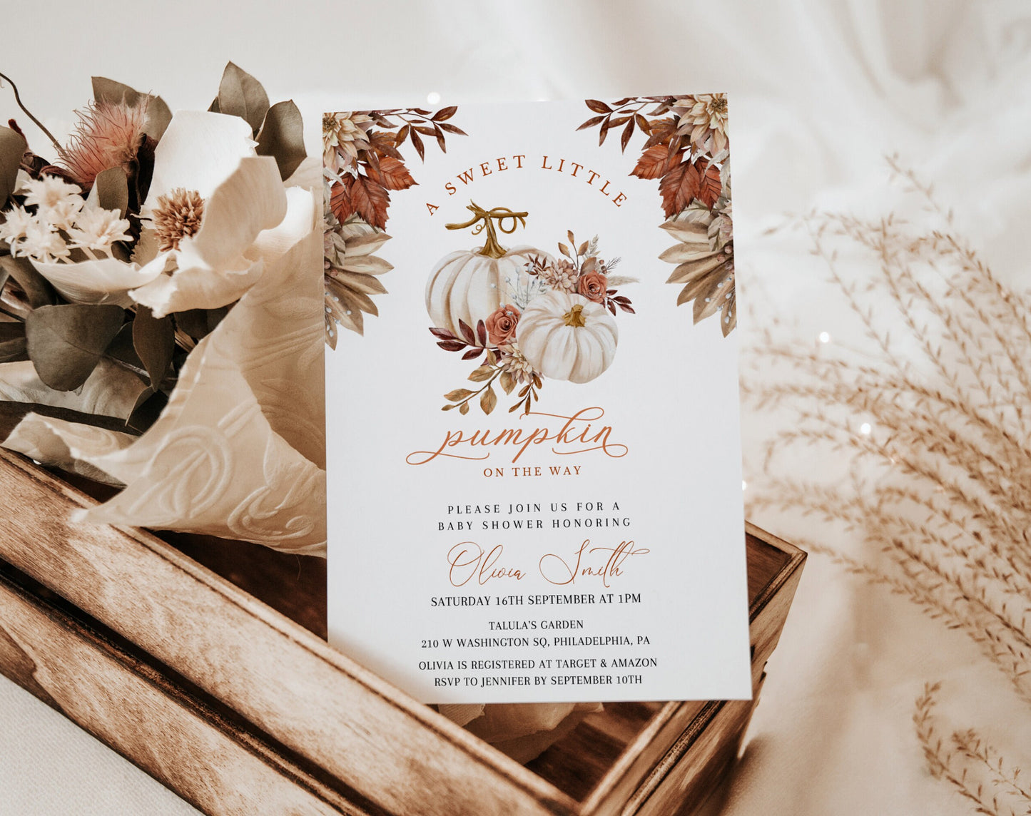 Little Pumpkin baby shower invitation with diaper raffle and Books for Baby cards