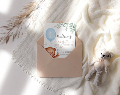 Invitation - Teddy Bear 1st Birthday Boy, editable Canva template