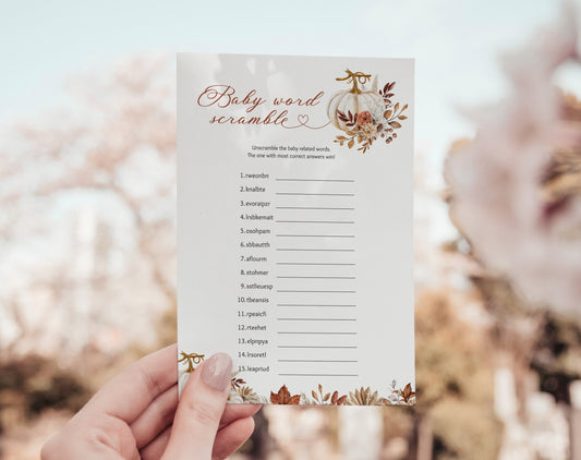 floral and boho baby word scramble game template for a personalized baby shower