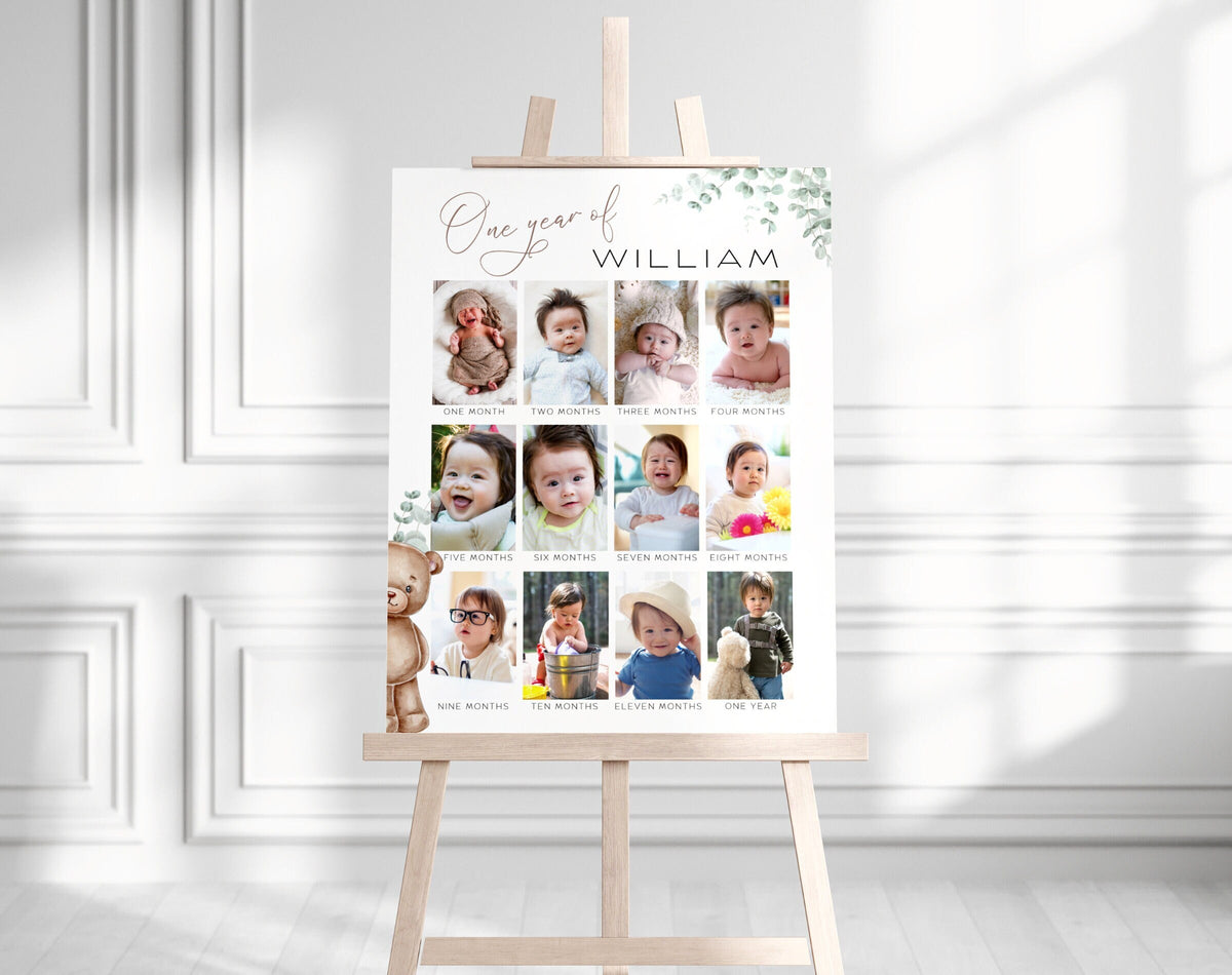 Teddy Bear 1st Birthday Milestone Board for 1st birthday party decor and supplies