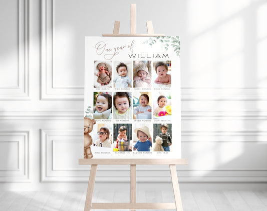 Teddy Bear 1st Birthday Milestone Board for 1st birthday party decor and supplies