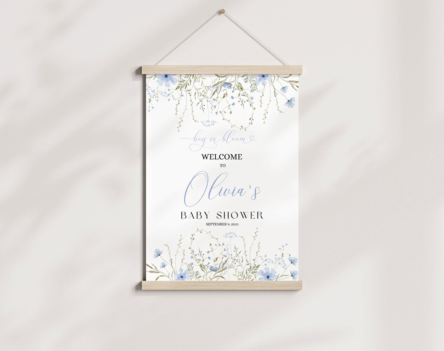 Blue Wildflower Baby Shower Welcome Sign, editable Canva template