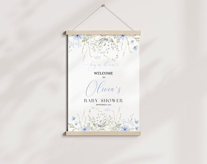 Blue Wildflower Baby Shower Welcome Sign, editable Canva template