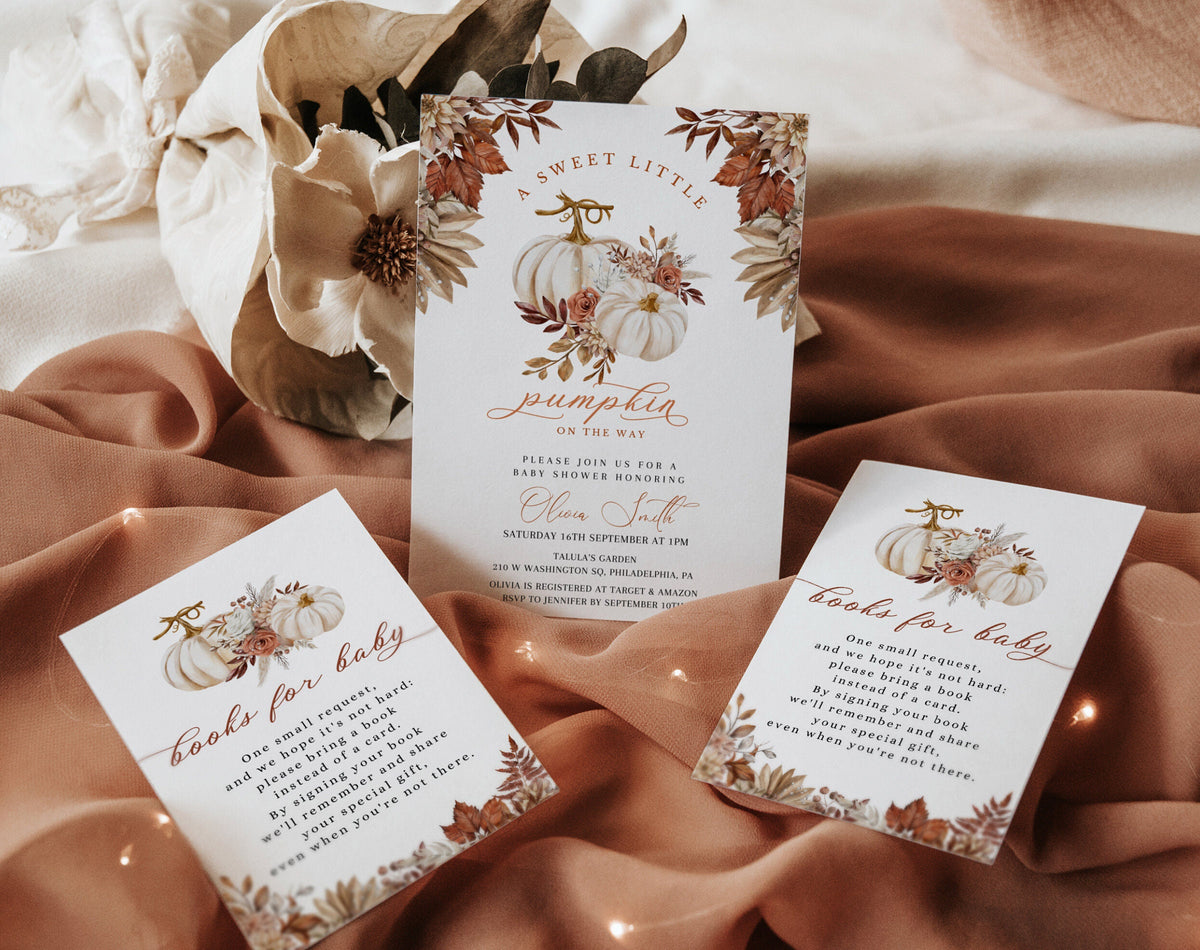 Editable details of little pumpkin baby shower invitation with diaper raffle and books for baby cards