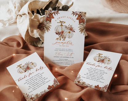 Editable details of little pumpkin baby shower invitation with diaper raffle and books for baby cards