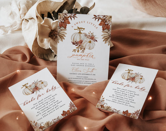 Editable details of little pumpkin baby shower invitation with diaper raffle and books for baby cards