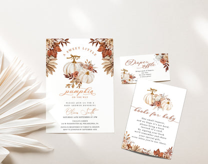 Little Pumpkin baby shower invitation with diaper raffle and Books for Baby cards