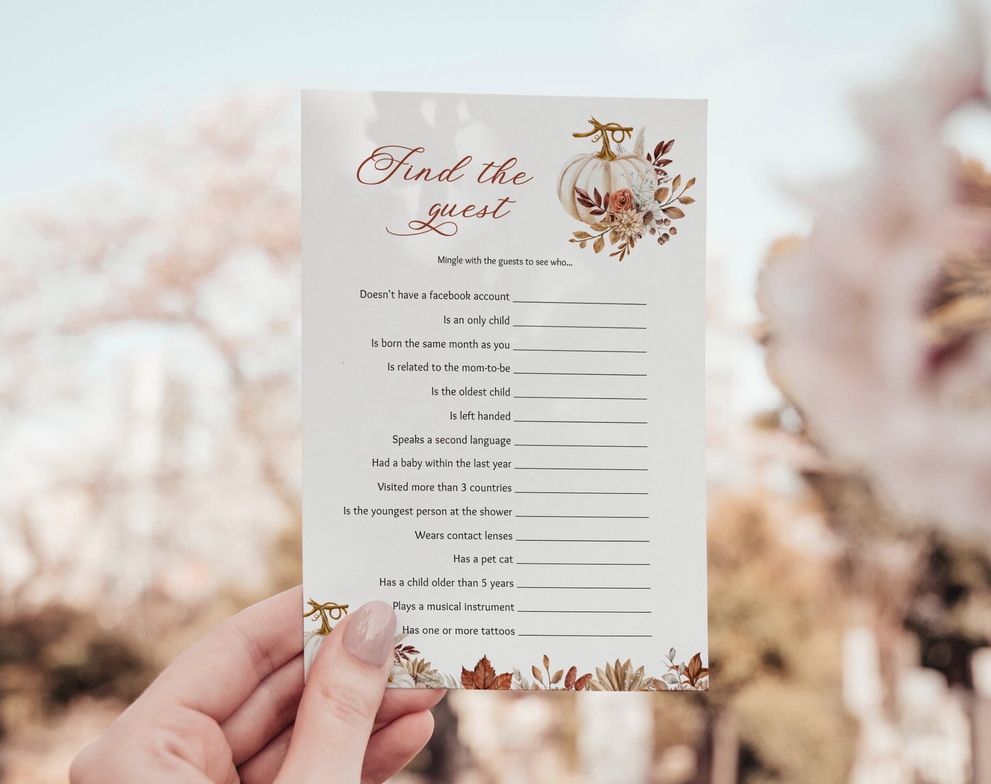 floral and boho find the guest bingo game template for a personalized baby shower
