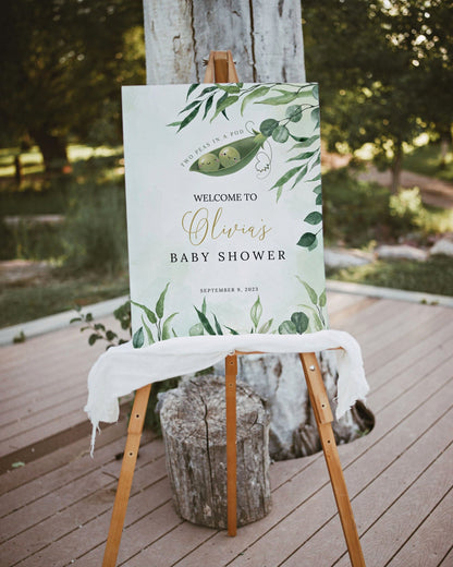 twin, neutral and green baby shower welcome sign printable for a themed celebration