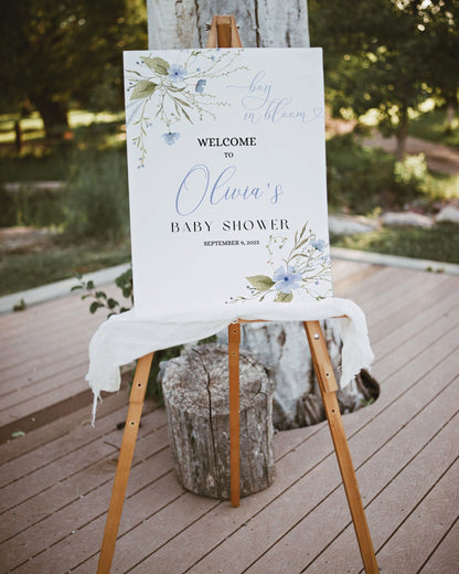 Blue Wildflower Baby Shower Welcome Sign, editable Canva template