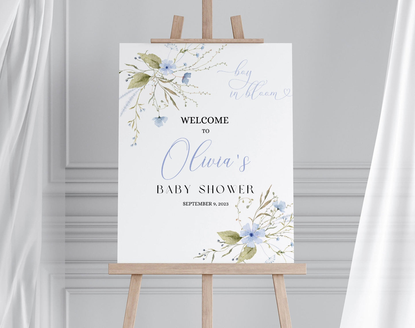 Baby in Bloom welcome sign for baby shower entrance table and backdrop decor